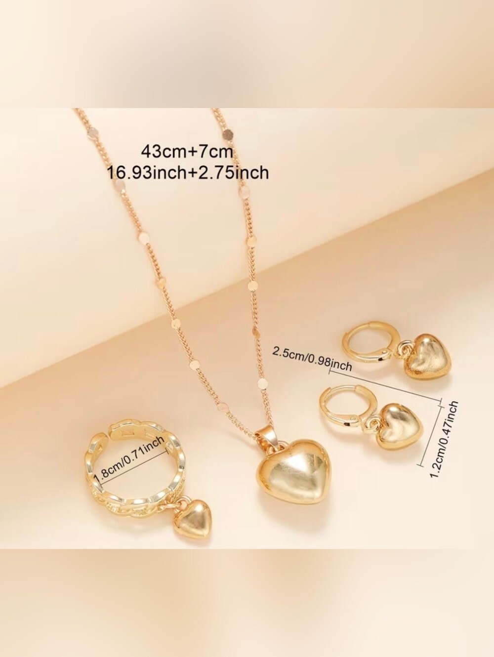 4pc set -Heart Necklace,Earring,Ring Set - Picture 4 of 4